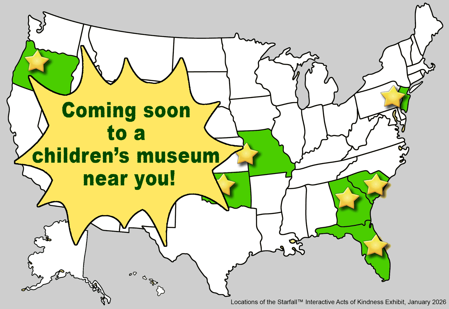 US map with locations of the Starfall™ Acts of Kindness Exhibit