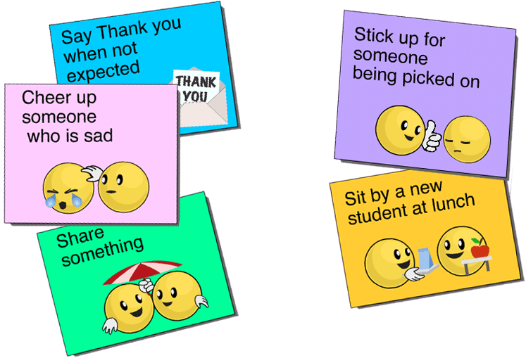 Kindness prompts: say thank you when not expected, cheer up someone who is sad, share something, stick up for someone being picked on, sit by a new student at lunch.